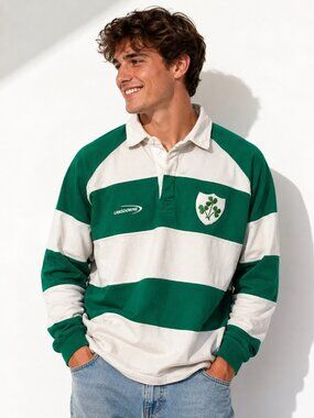 Vintage Lansdowne Ireland Rugby Shirt Green White Striped Shamrock XXL Y2K